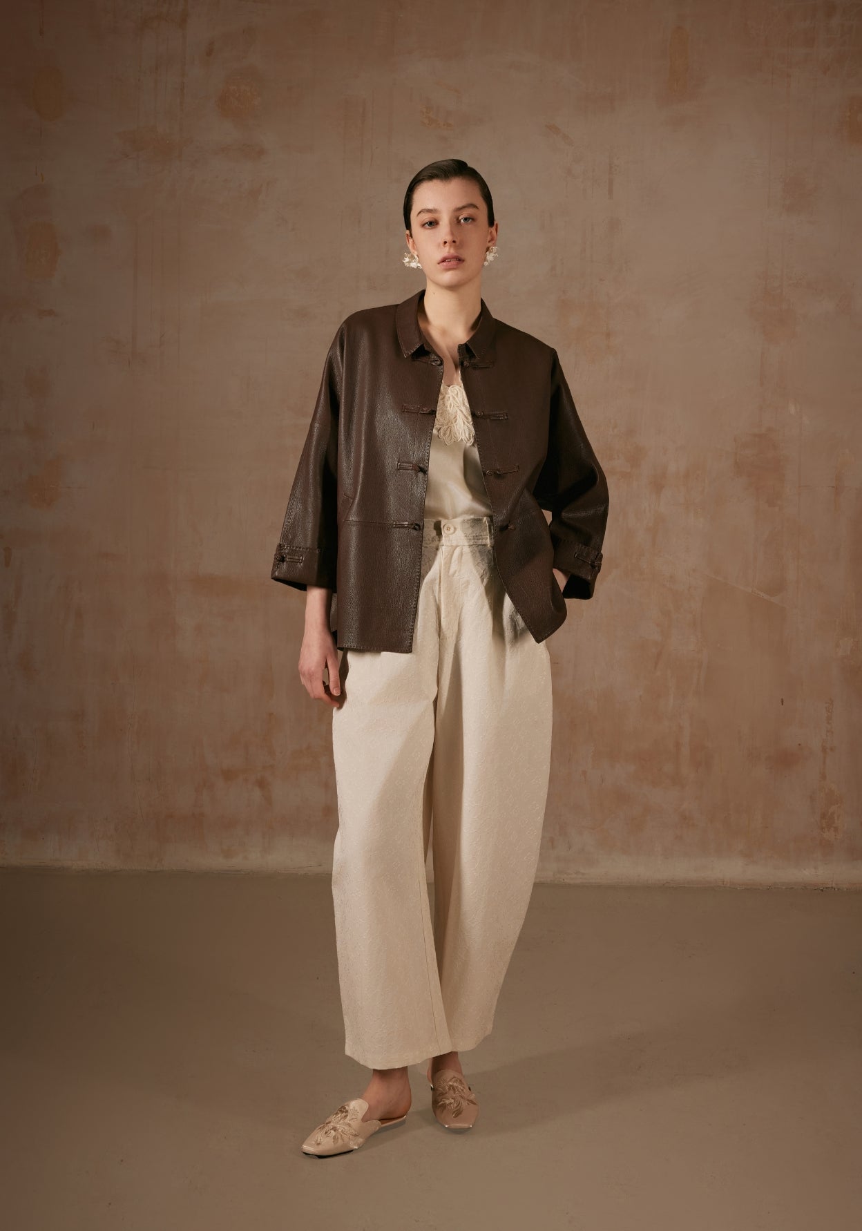 Brown Leather Jacket with Button Details