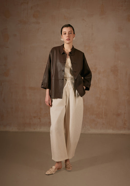Brown Leather Jacket with Button Details