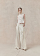 Ivory Pleated Wide-Leg Trousers with Lace Panel