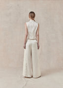 Ivory Pleated Wide-Leg Trousers with Lace Panel