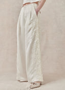Ivory Pleated Wide-Leg Trousers with Lace Panel