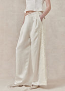 Ivory Pleated Wide-Leg Trousers with Lace Panel