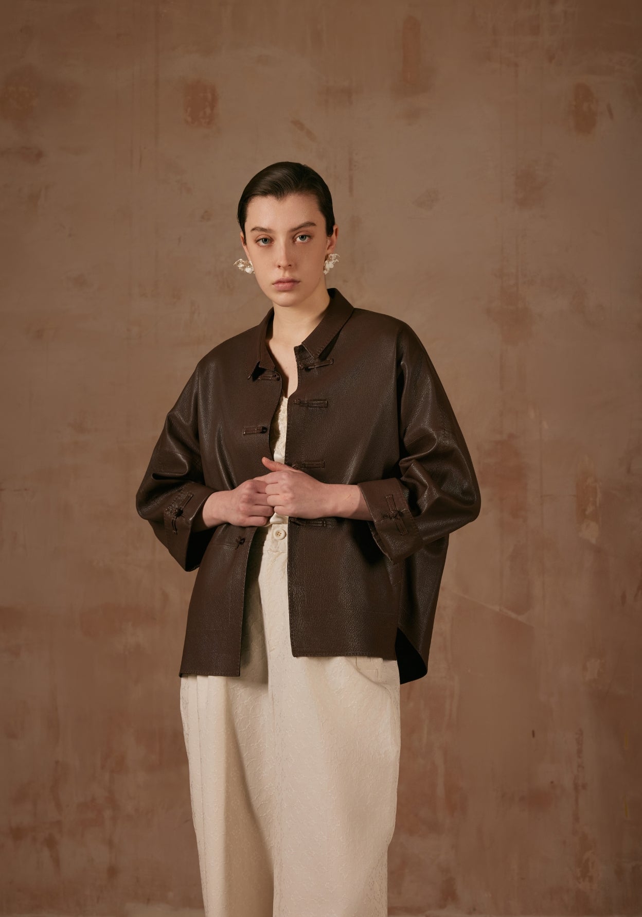 Brown Leather Jacket with Button Details