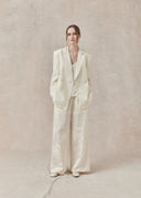 Mulberry Silk Wide-Leg Trousers with Tonal Floral Pattern