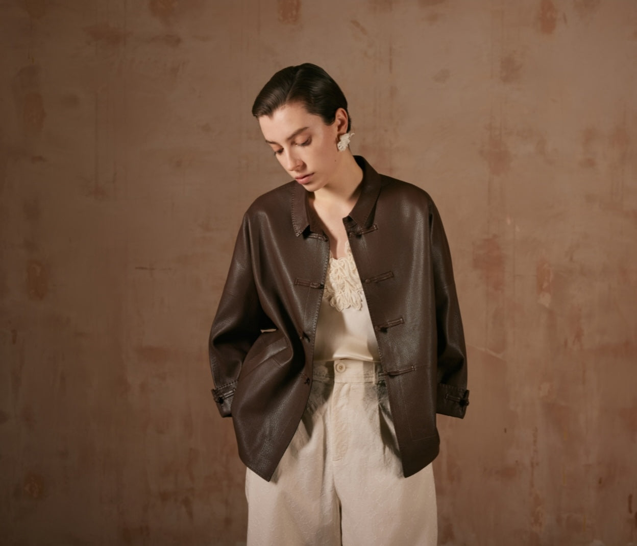 Brown Leather Jacket with Button Details