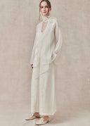 Silk Scarf Shirt with Floral Embroidery — White