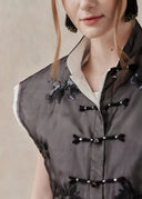 Black Tulle Top with Floral Appliqué & Chinese Frog Button Detail