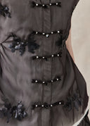 Black Tulle Top with Floral Appliqué & Chinese Frog Button Detail