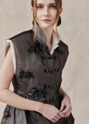 Black Tulle Top with Floral Appliqué & Chinese Frog Button Detail