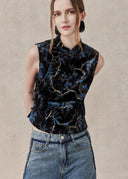 Velvet Floral Top with Mandarin Collar