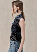 Velvet Floral Top with Mandarin Collar