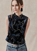 Velvet Floral Top with Mandarin Collar
