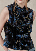 Velvet Floral Top with Mandarin Collar