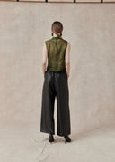 Green Mulberry Silk Top with Mandarin Collar