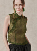 Green Mulberry Silk Top with Mandarin Collar