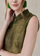 Green Mulberry Silk Top with Mandarin Collar