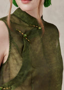Green Mulberry Silk Top with Mandarin Collar