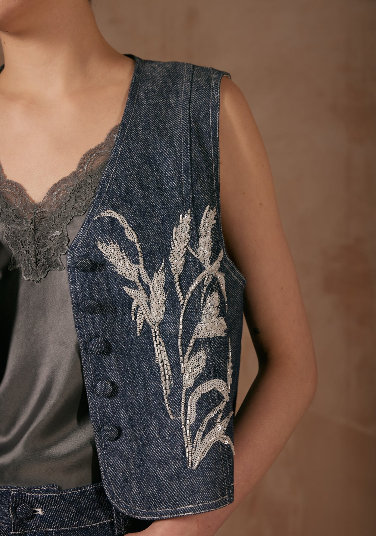 Denim Vest with Bamboo Hand Embroidery