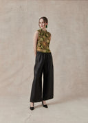 Floral Velvet-Detail Top with Mandarin Collar