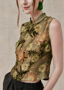 Floral Velvet-Detail Top with Mandarin Collar