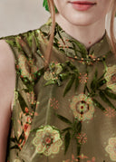 Floral Velvet-Detail Top with Mandarin Collar