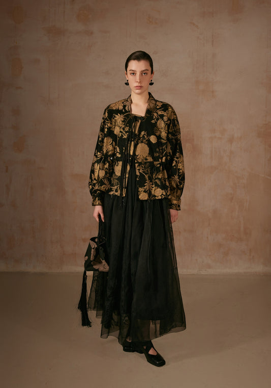 Black Leather Jacket with Golden Flower Patterns