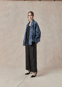 Blue Patterned Cotton Kimono Jacket with Cropped Back