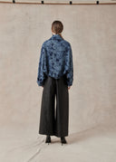 Blue Patterned Cotton Kimono Jacket with Cropped Back