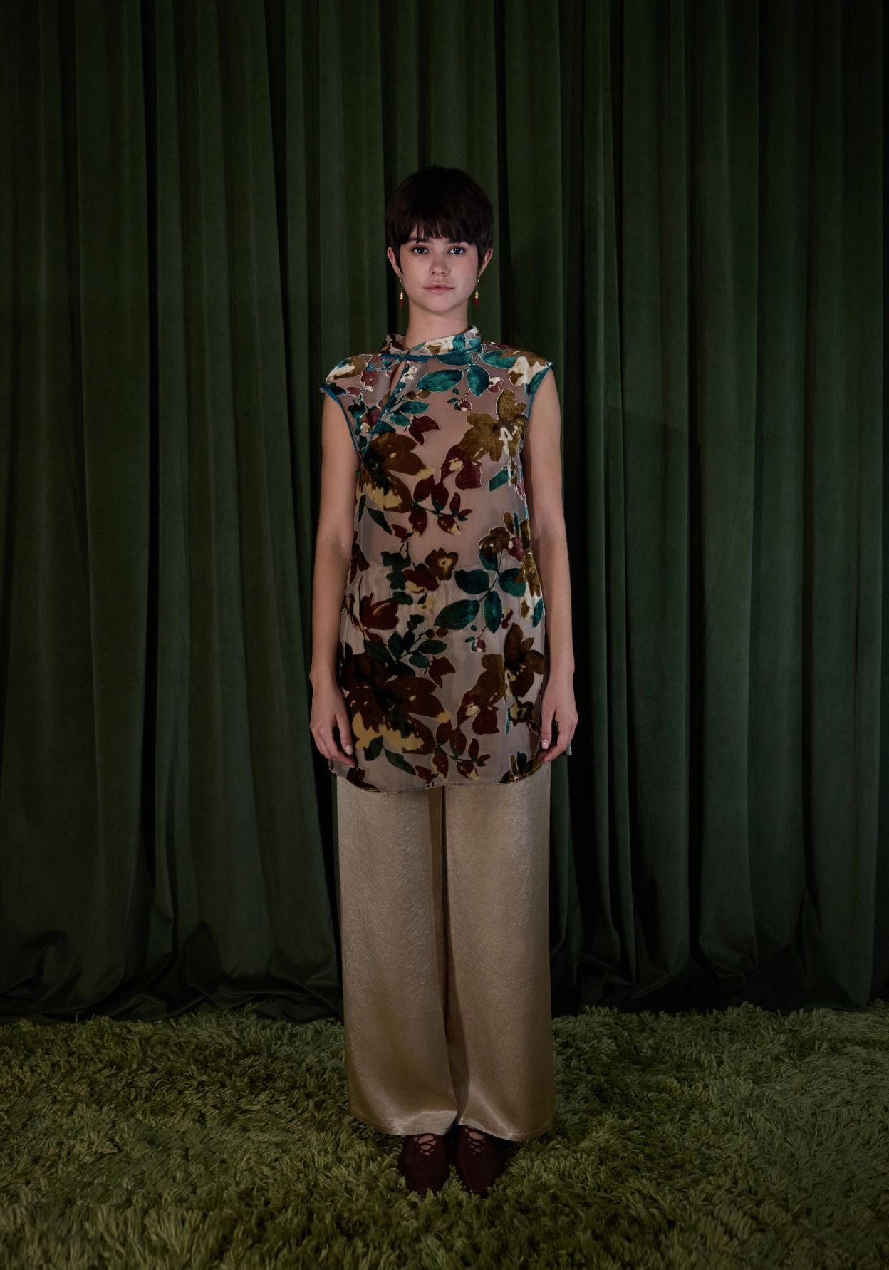 Green & Brown Tunic with Mandarin Collar