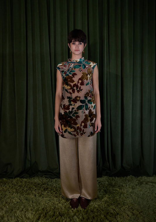 Green & Brown Tunic with Mandarin Collar