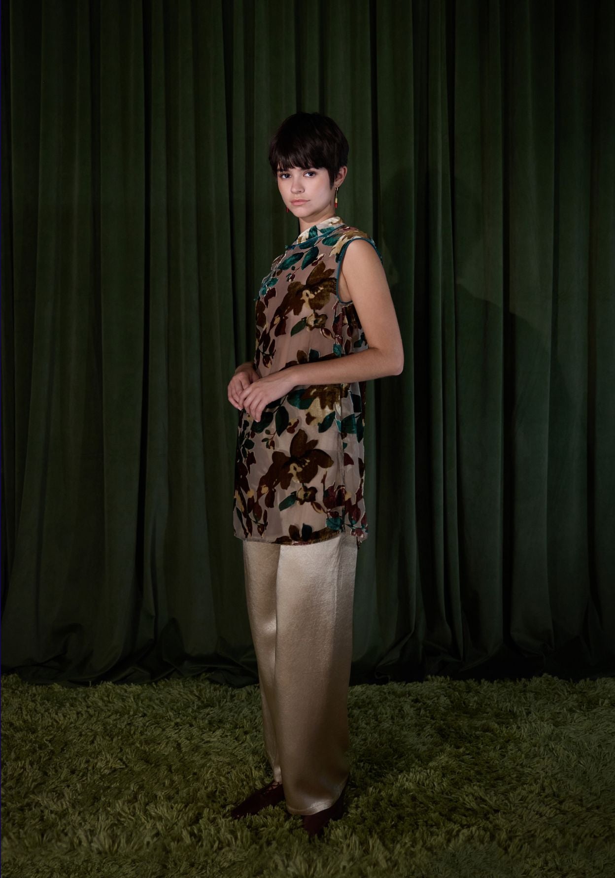 Green & Brown Tunic with Mandarin Collar