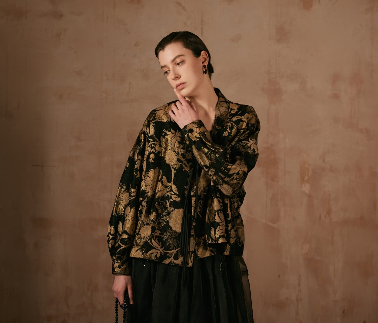 Black Leather Jacket with Golden Flower Patterns
