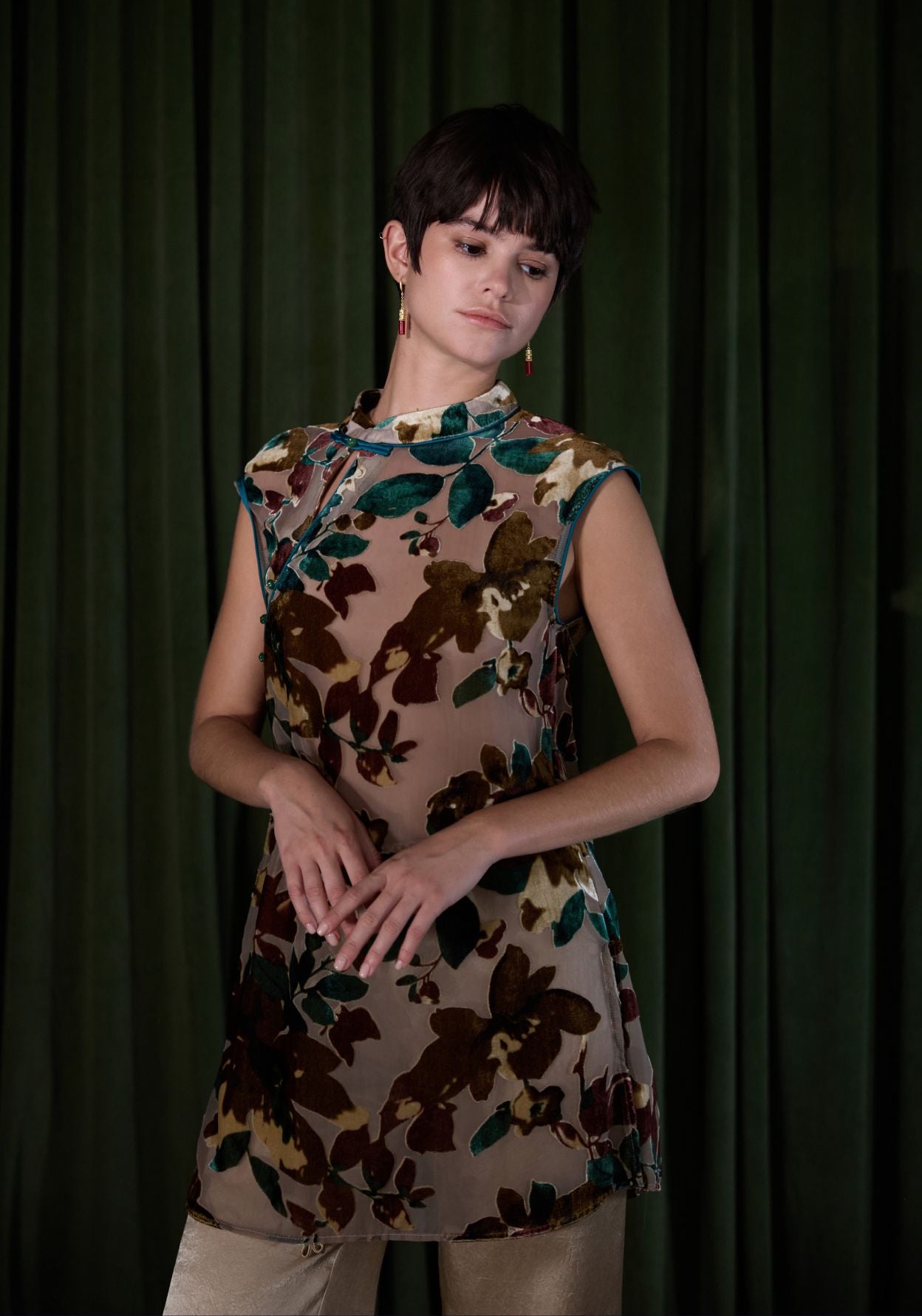 Green & Brown Tunic with Mandarin Collar