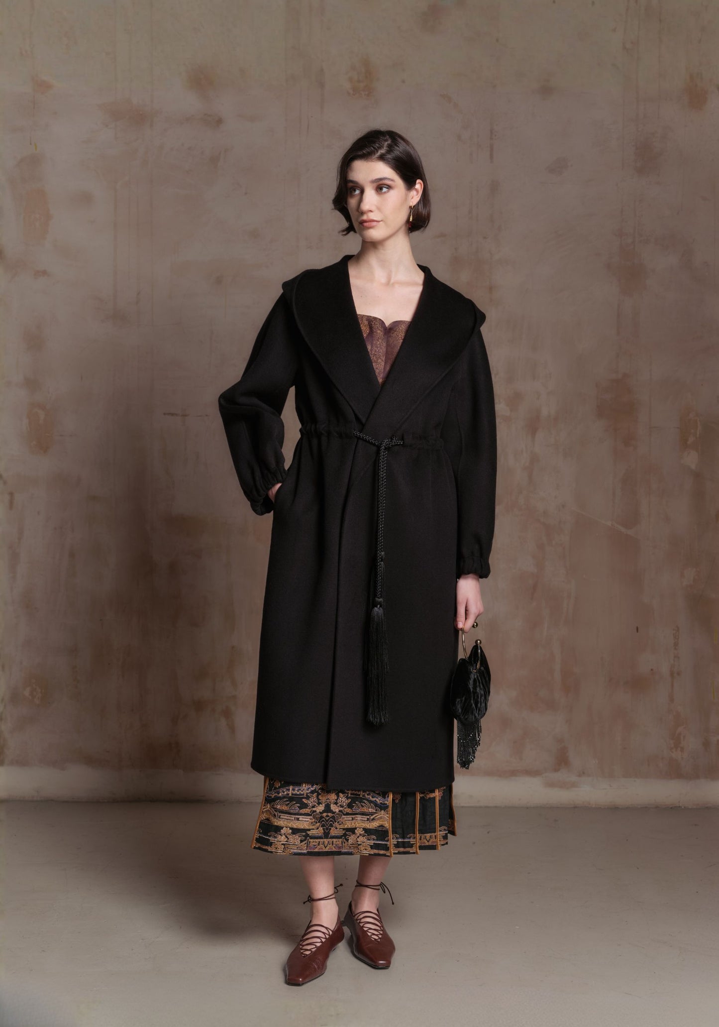 Black Cashmere Coat with Hood