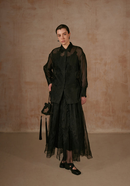 Black Sheer Shirt with Flower Embroidery