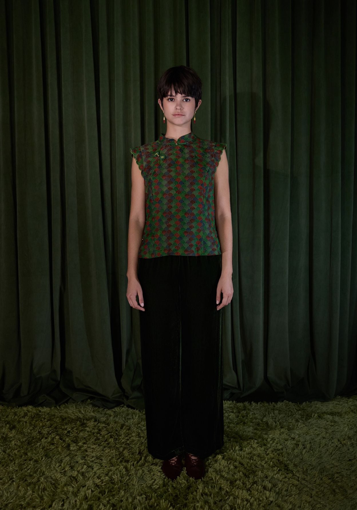 Green Pattern Top with Mandarin Collar