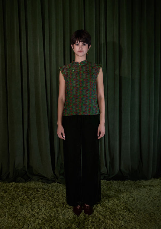 Green Pattern Top with Mandarin Collar