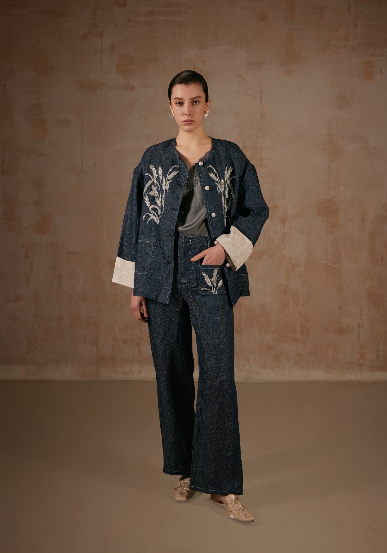 Denim Jacket with Bamboo Hand Embroidery