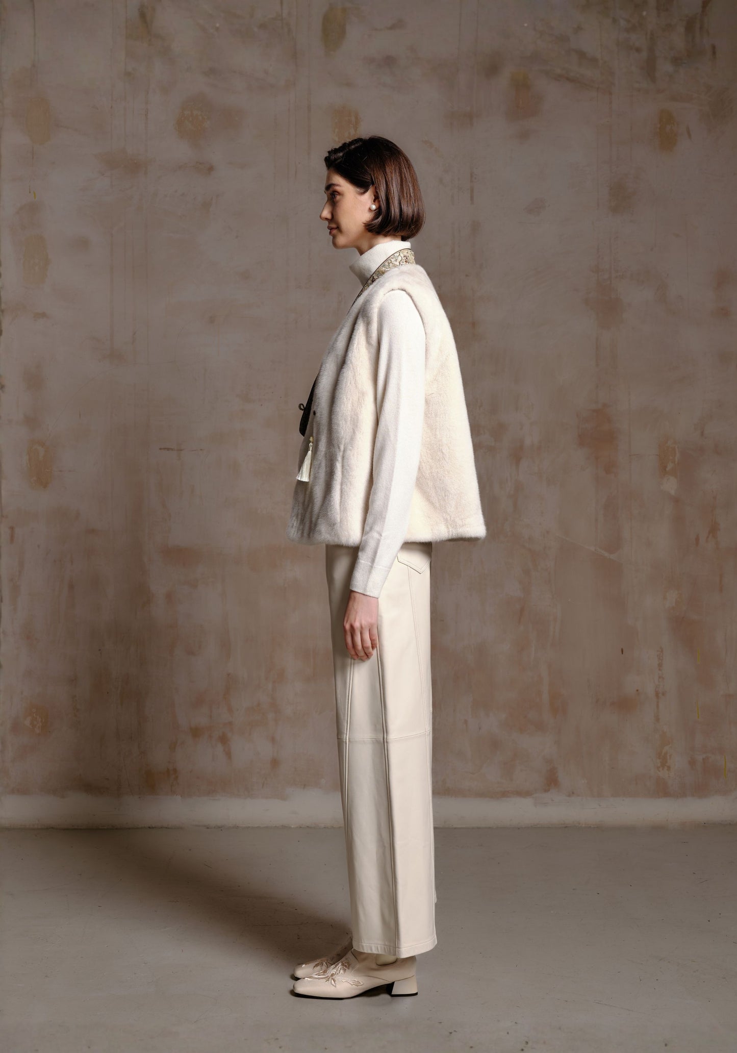 White Fur Vest with Beading Details