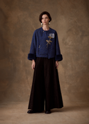Blue Floral Embroidered Silk Puffer Jacket