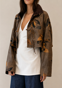Taupe Botanical Print Silk Cropped Jacket