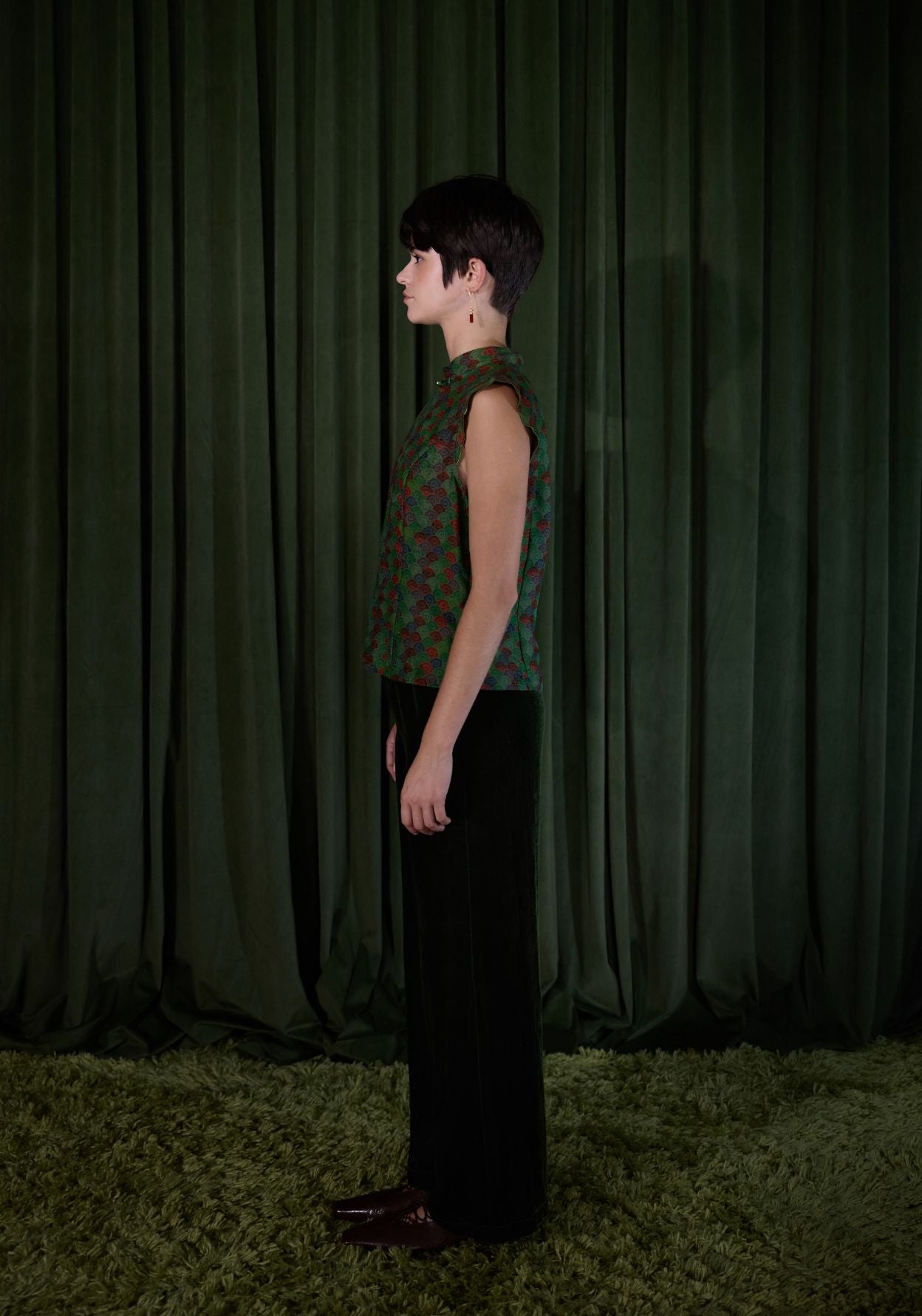 Green Pattern Top with Mandarin Collar