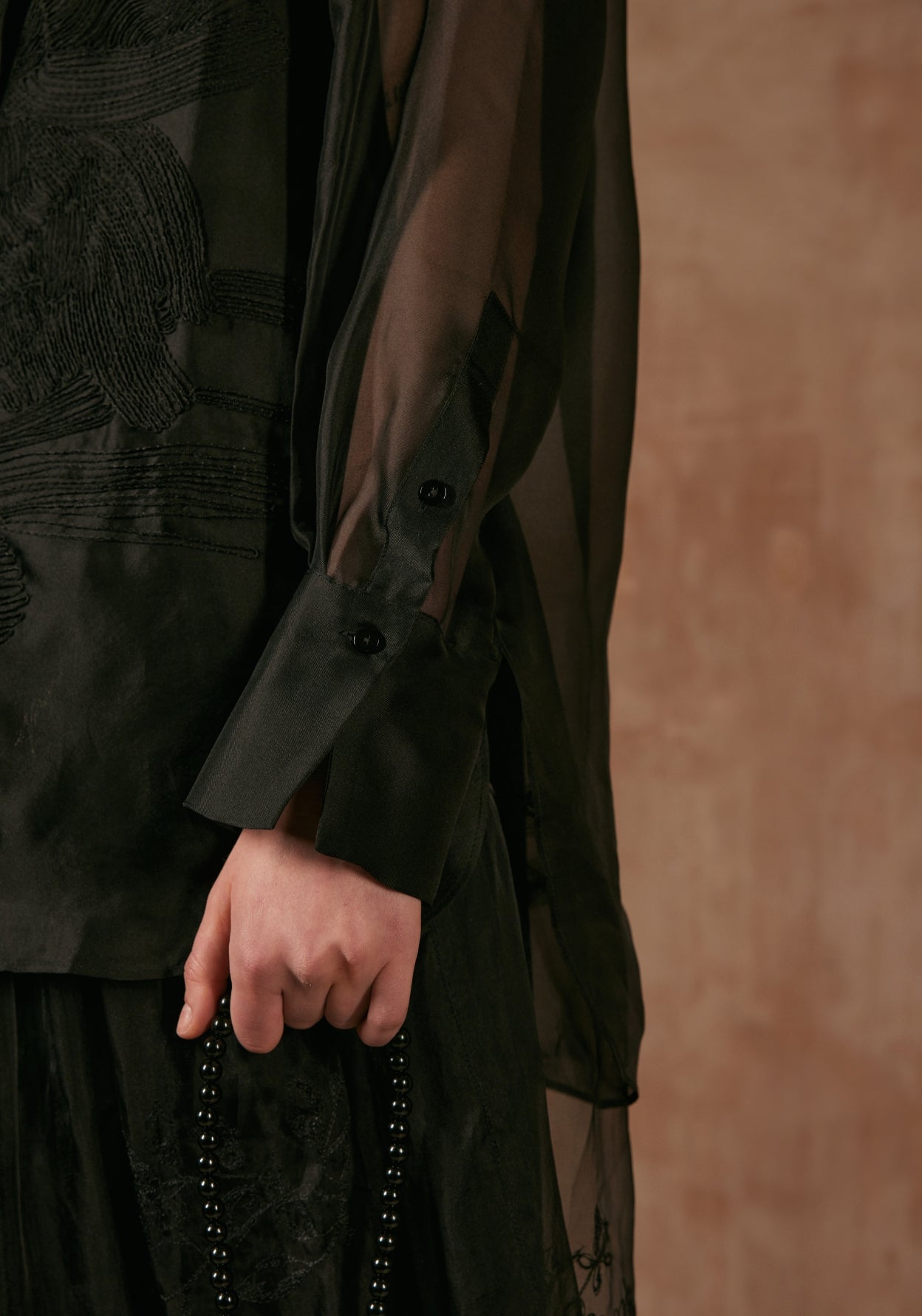 Black Sheer Shirt with Flower Embroidery