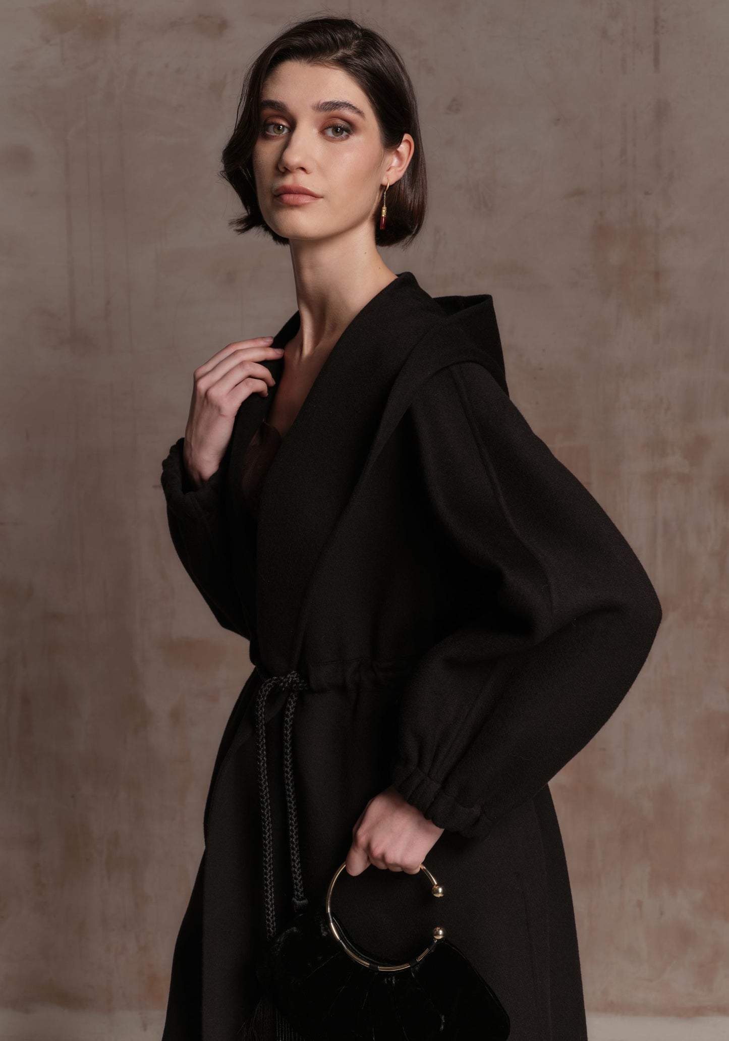 Black Cashmere Coat with Hood