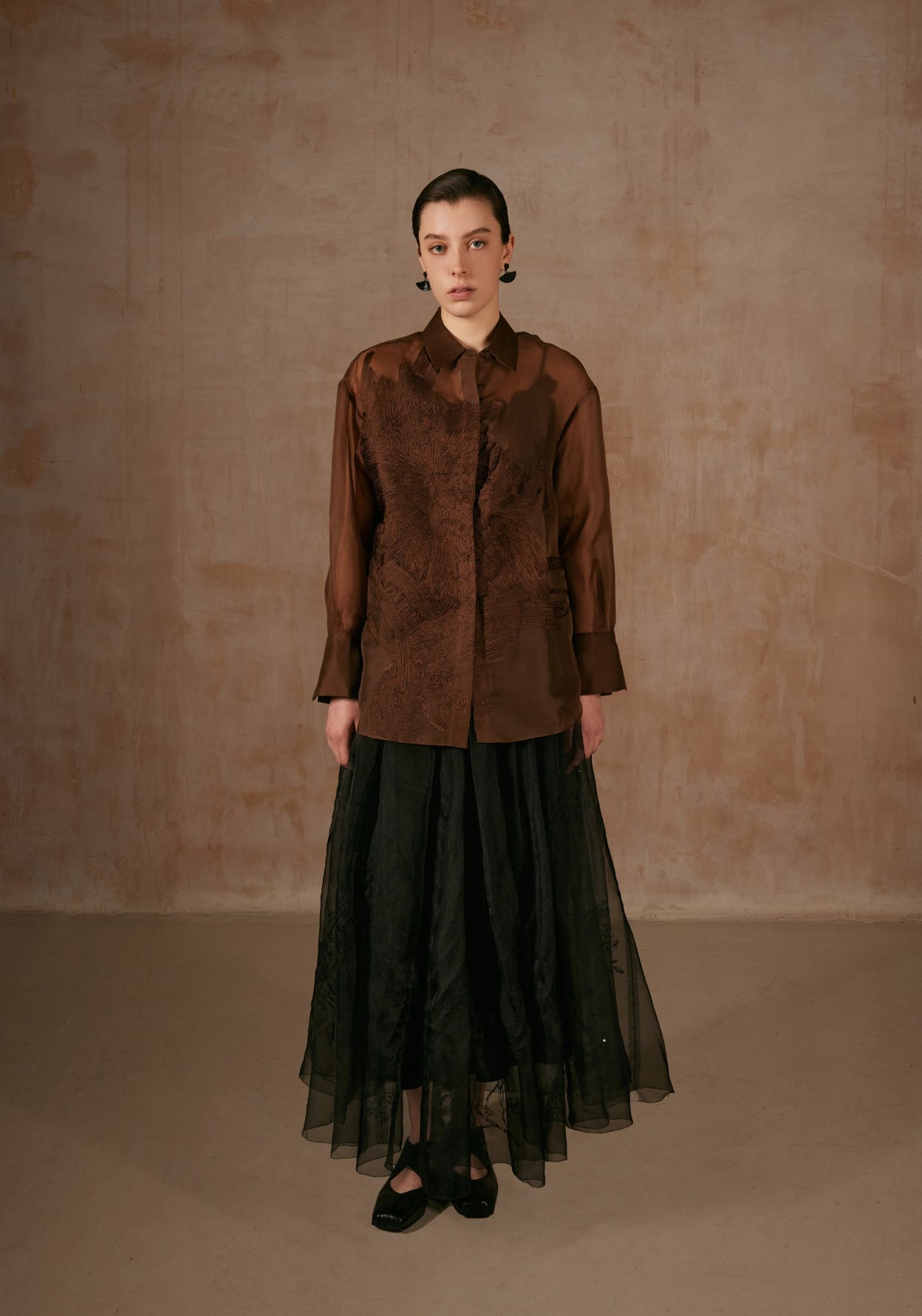 Brown Sheer Shirt with Flower Embroidery