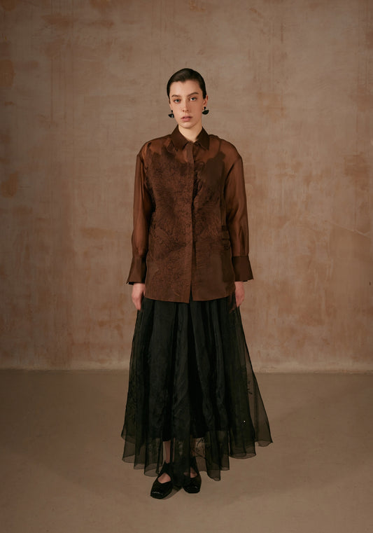 Brown Sheer Shirt with Flower Embroidery