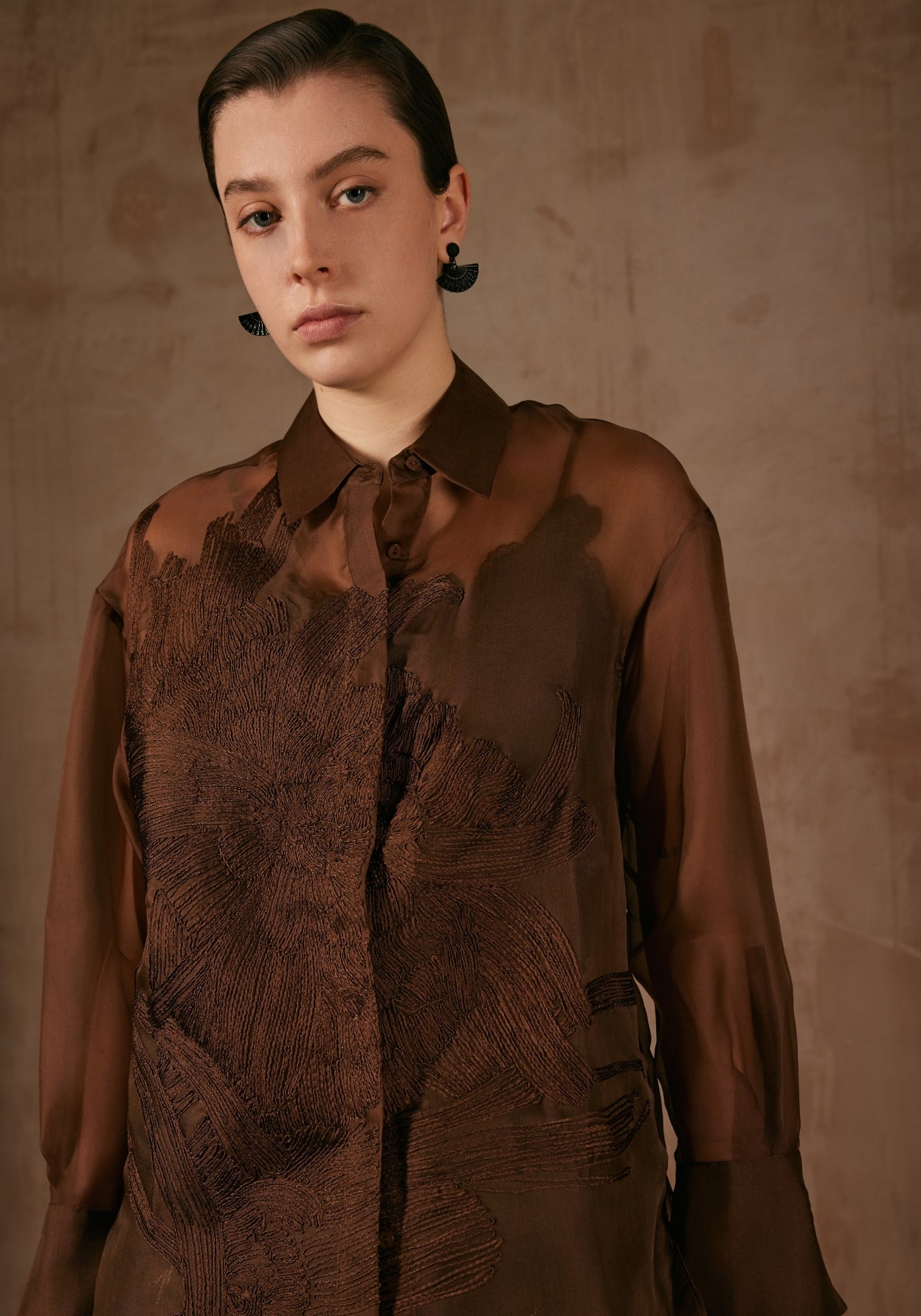 Brown Sheer Shirt with Flower Embroidery