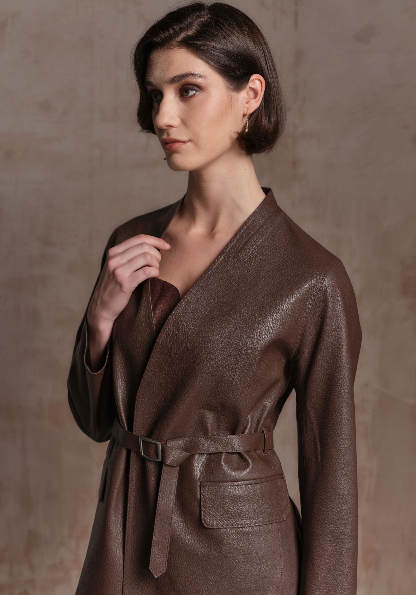 Brown Long Leather Jacket with Belt