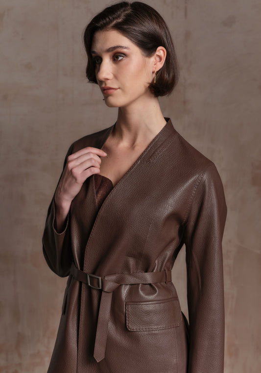 Brown Long Leather Jacket with Belt