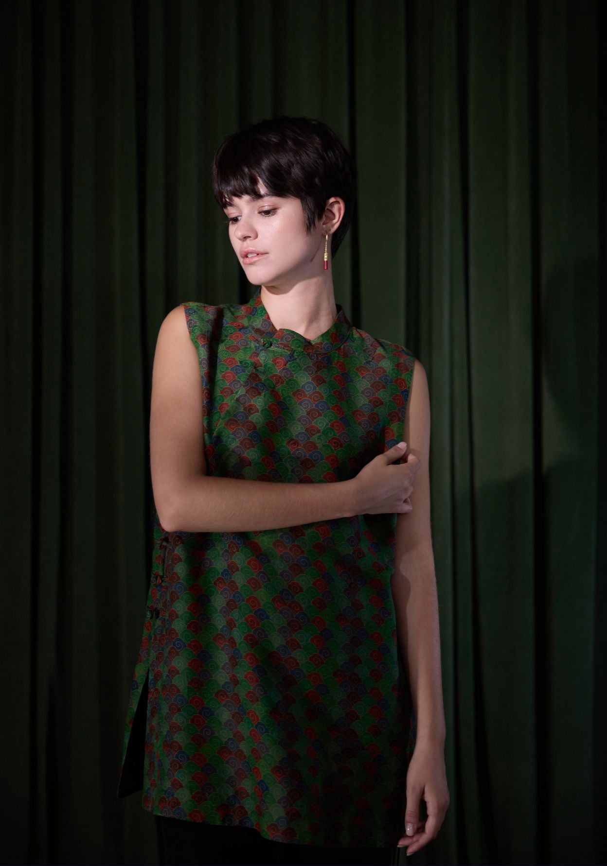 Green Pattern Tunic with Mandarin Collar